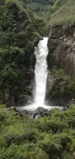 Waterfall cascading down forested cliffs.