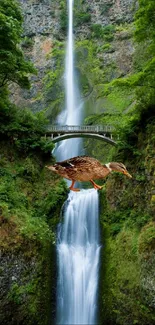 Mobile wallpaper of a duck flying over a majestic waterfall and lush green forest.