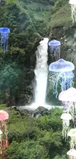 Fantasy wallpaper featuring jellyfish floating around a waterfall.