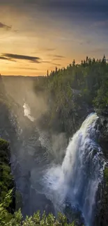 Scenic waterfall in forest during sunset.