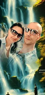 Couple in sunglasses with waterfall fantasy background.