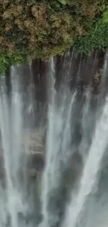 Majestic waterfall cascading over lush green forest background.