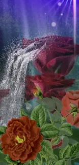 Fantasy wallpaper with waterfall cascading over vibrant red roses.