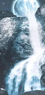 Surreal waterfall cascading from the moon under a starry sky.