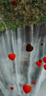 Waterfall with floating hearts mobile wallpaper.