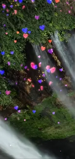 Waterfall with colorful heart-shaped lights in a lush green forest.