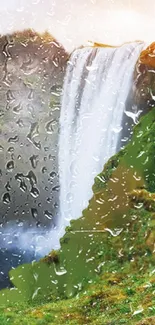 Serene waterfall with rain drops creating a lush green scene.