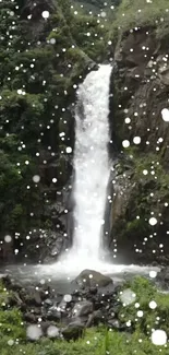 Nature waterfall with snowflakes mobile wallpaper.