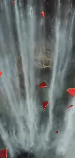 Abstract waterfall with floating watermelon slices on mobile wallpaper.