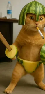 Funny cat in a watermelon costume with a toy sword and shield.
