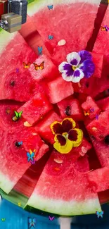 Vibrant watermelon with butterflies and flowers.