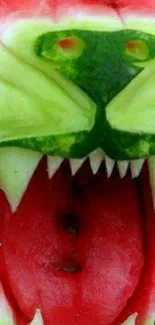 Watermelon carved to resemble a lion's face, vibrant and colorful.