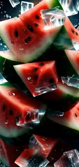 Watermelon slices with ice cubes splash creatively.