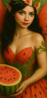 Fantasy art of a fairy in a watermelon-themed dress holding a watermelon.