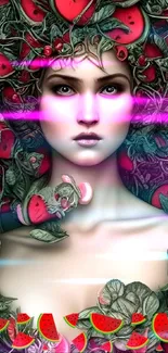 Fantasy art wallpaper with mystical figure and watermelon theme in vibrant pink hues.