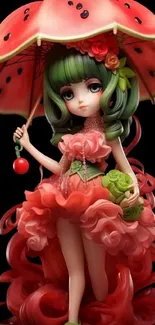 A whimsical girl with watermelon dress and umbrella in vibrant red.