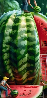 Whimsical giant watermelon with tiny farmers in a surreal setting.