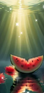 Watermelon slice with underwater light rays creating a vibrant scene.