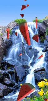 Waterfall with floating watermelon slices in vibrant nature setting.