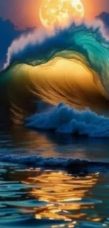 Moonlit wave with vibrant colors in serene night.