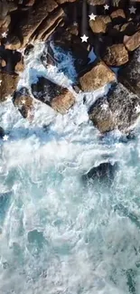 Aerial view of ocean waves crashing against rocks with star overlays.