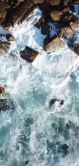 Dynamic waves crashing on a rocky shoreline, creating a stunning ocean scene.