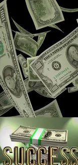 Wallpaper with floating dollar bills and the word 'SUCCESS' in golden letters.