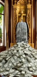 Fountain overflowing with cash in a luxurious setting.