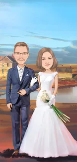 Cartoon wedding couple in rural setting.