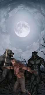 Werewolf and mythical creature under a full moon in eerie night illustration.