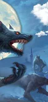 Werewolf howling at the moon in a dark, mystical night scene wallpaper.