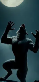 Werewolf howling under a full moon at night.