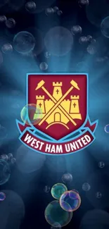 West Ham United logo on dark blue bubble background.