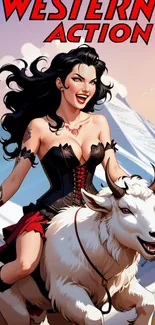 Fantasy Western artwork with woman riding a goat.