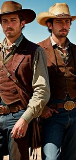 Two cowboys in a desert landscape with rugged style hats and attire.