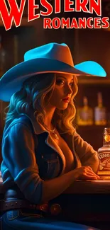 Cowgirl in Western-themed bar setting with whiskey bottles.