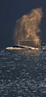 Whale exhaling mist in tranquil ocean.