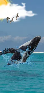 Whale breaching in a sunlit ocean with birds flying above.