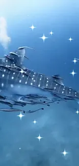 Majestic whale shark swimming in blue ocean with sparkling stars.