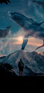 Surreal wallpaper with whales soaring over moonlit mountains at dusk.