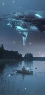 Majestic whales glide above a calm lake at dusk, blending fantasy and tranquility.