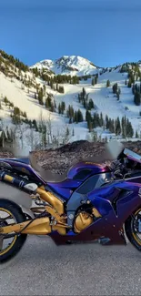 Motorcycle set against snowy mountain backdrop in scenic mobile wallpaper.