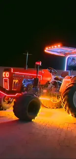 Vibrant neon-lit tractor in the night glow.