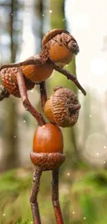 Two whimsical acorn figures in a forest setting artwork.