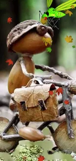 Whimsical acorn riding a bike with autumn leaves in a forest.