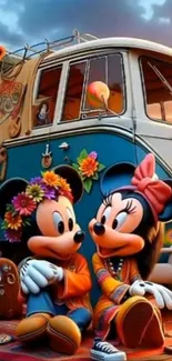 Mickey and Minnie Mouse beside a retro van with vibrant decorations.