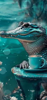 Alligator enjoying a cup of tea in a fantasy forest setting.