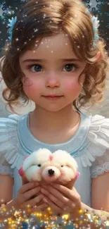 Whimsical child angel with wings holding a plush toy, in a magical setting.