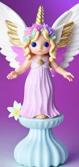 Whimsical unicorn angel figurine in pastel colors on a purple background.