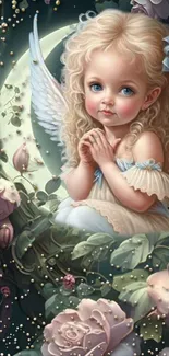 Whimsical angelic child in a floral night setting.